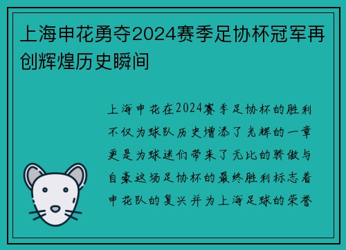 上海申花勇夺2024赛季足协杯冠军再创辉煌历史瞬间