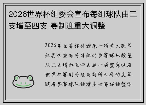 2026世界杯组委会宣布每组球队由三支增至四支 赛制迎重大调整